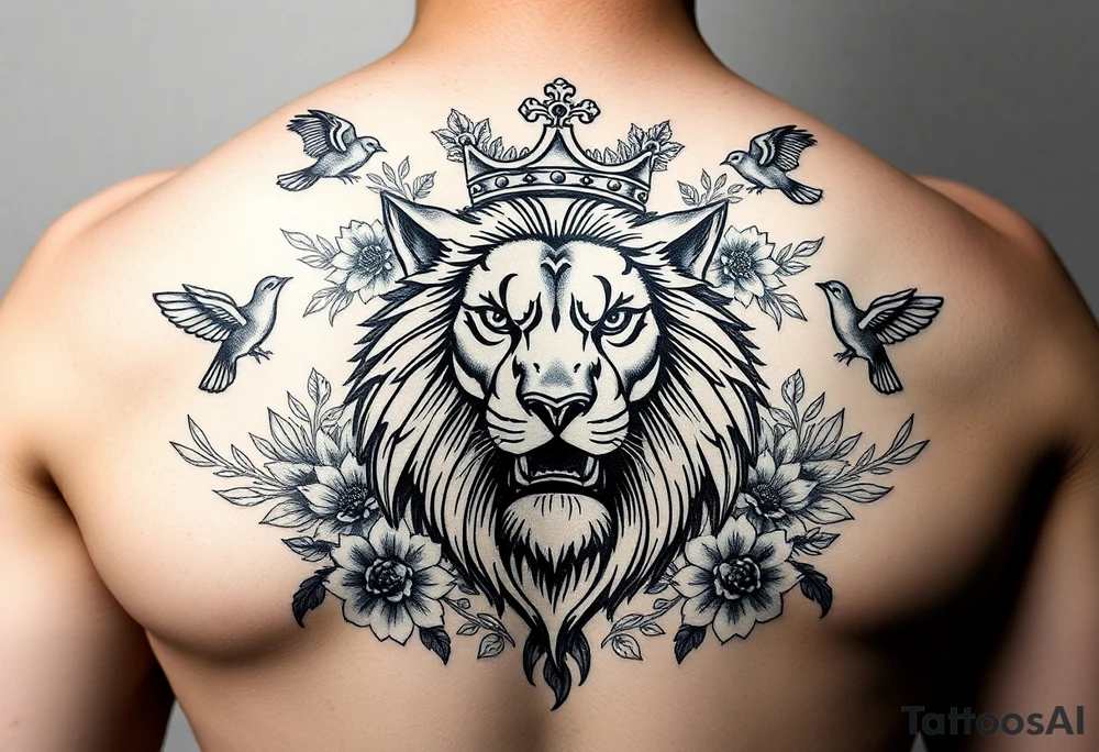 powerful majestic lion with a crown, surrounded by floral ornaments and birds tattoo idea