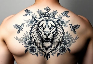 powerful majestic lion with a crown, surrounded by floral ornaments and birds tattoo idea