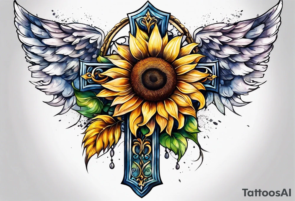 Winged cross with sunflower arm sleeve tattoo idea