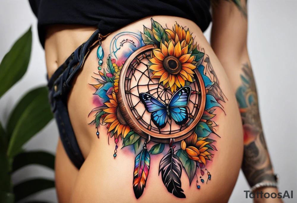 Quarter Leg sleeve with dreamcatcher, rainbow sunflowers and one butterfly tattoo idea