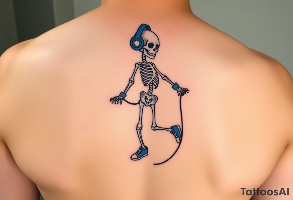 Minimalist young skeleton skipping on a jumping rope with blue headphone blue tennis shoes blue arm bands and music notes tattoo idea