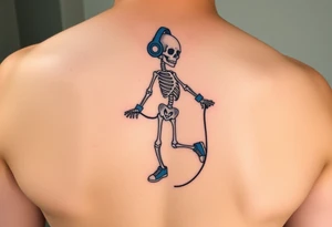 Minimalist young skeleton skipping on a jumping rope with blue headphone blue tennis shoes blue arm bands and music notes tattoo idea