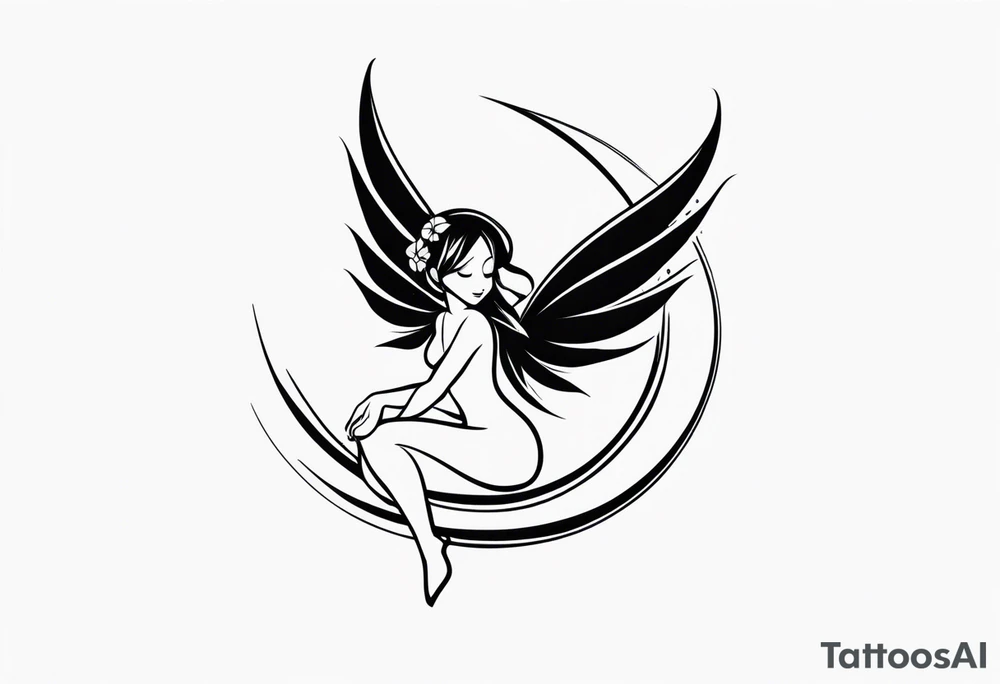 Minimalistic, monochromatic fairy with a tail flying to the left in a fetal position, leaning and looking in the same direction, with visible hands, embodying the 'Fairy Tail' logo aesthetic. tattoo idea