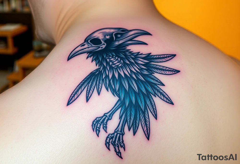 Powerful mythical creature that is raven skeleton with peackock feathers tattoo idea