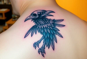 Powerful mythical creature that is raven skeleton with peackock feathers tattoo idea