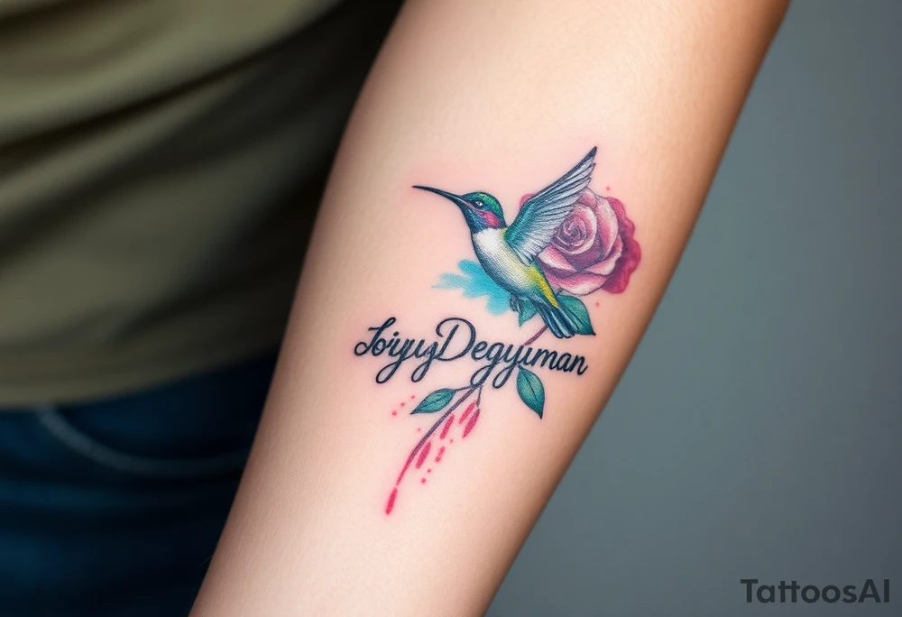 A tattoo on the forearm with the name Debby Deguzman with a humming bird and a rose tattoo idea