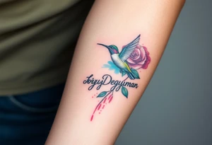 A tattoo on the forearm with the name Debby Deguzman with a humming bird and a rose tattoo idea