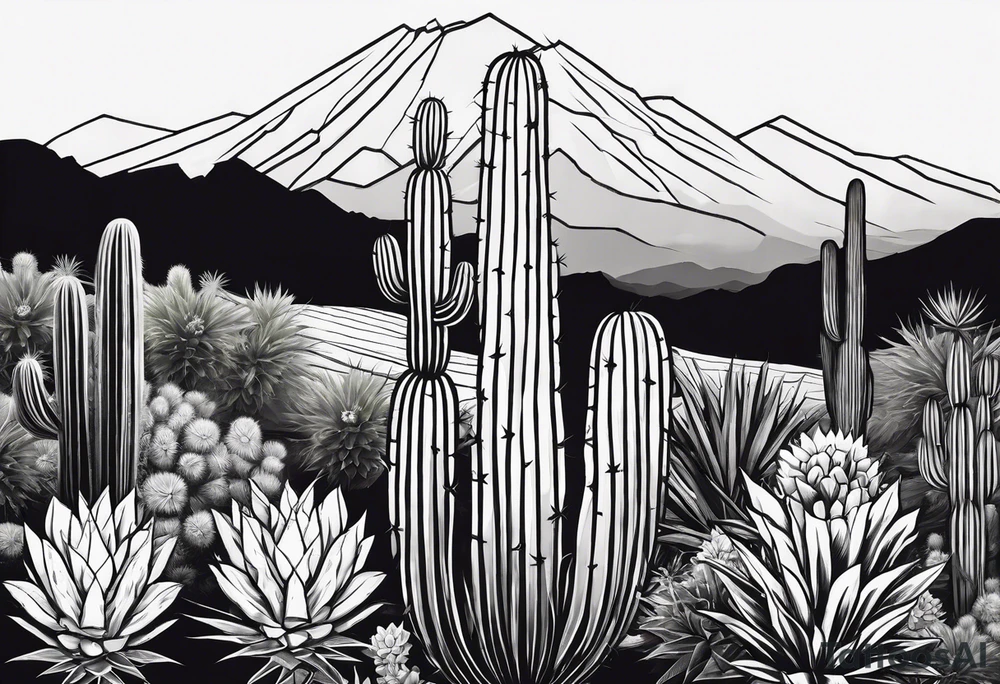 vertical, cactus, sunset, mountain tattoo idea