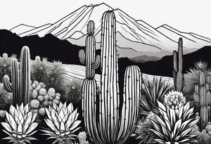vertical, cactus, sunset, mountain tattoo idea