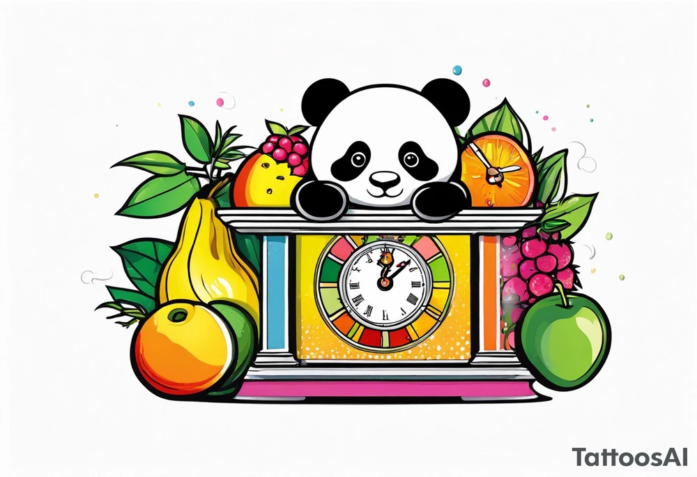 Baby panda in a fruit scale displaying 7.11 lbs and a digital clock showing 1:17 tattoo idea