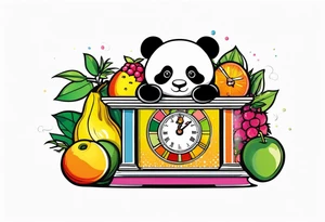 Baby panda in a fruit scale displaying 7.11 lbs and a digital clock showing 1:17 tattoo idea