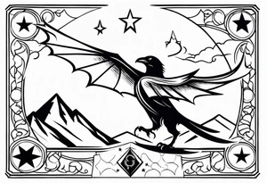 an open fantasy book. a flying dragon with scales and four legs. A pawn chess piece. a sword. A perched raven. Three stars with three mountain peaks tattoo idea