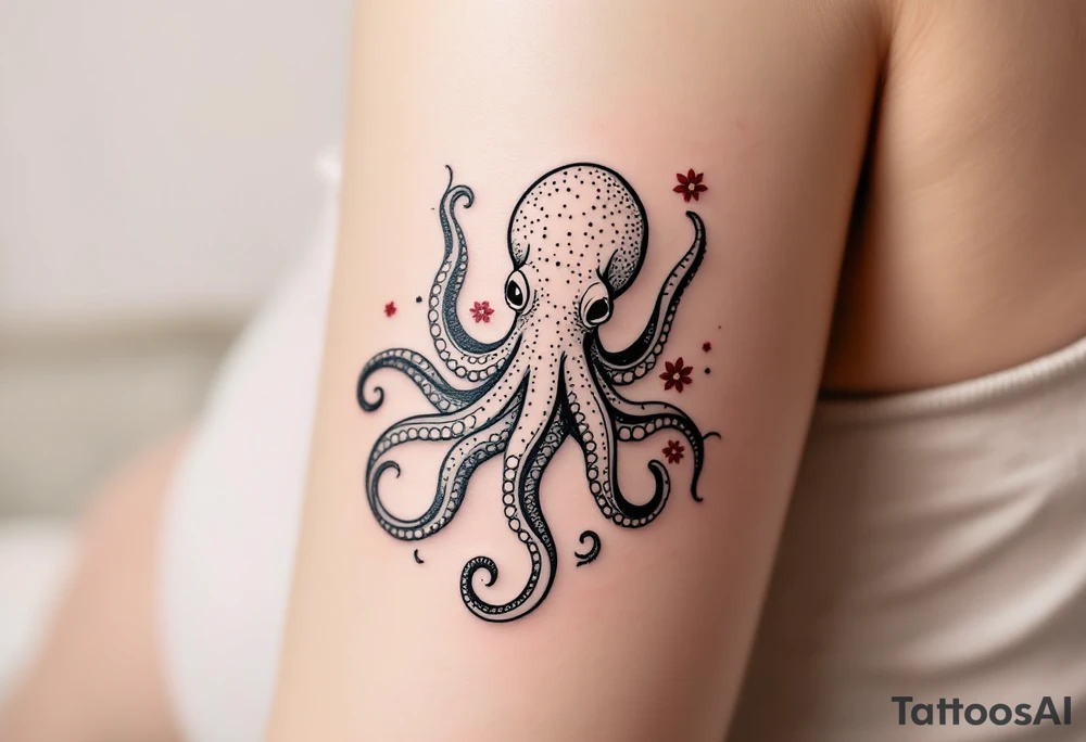 A small realistic black and grey tattoo of an octopus, cute, with detailed shading and soft linework, showing the octopus with swirling tentacles, on light skin. ornamental flowers around with red ink. The style is minimalistic and elegant, resembling fine-line tattoo with a shadow tattoo idea