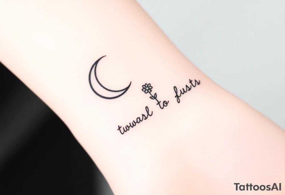 Small black and white tattoo waxing crescent moon with small Daisy birth flower and tiny Leo gliph tattoo idea