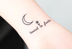 Small black and white tattoo waxing crescent moon with small Daisy birth flower and tiny Leo gliph tattoo idea