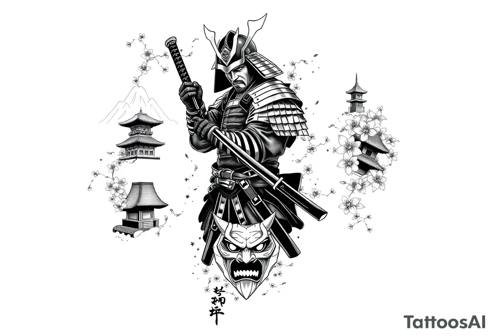 Design an all-black full arm sleeve tattoo featuring a Japanese samurai in full armor with a katana, positioned dynamically. Surrounding the samurai are flowing cherry blossoms, a misty mountain range, and traditional Japanese structures like a pagoda. On the inner forearm, include a detailed Oni mask with sharp features and exaggerated shading. Use dark, dense black ink to create depth, with smooth transitions between the elements, blending the samurai, blossoms, mask, and mountains into a cohesive, flowing design tattoo idea
