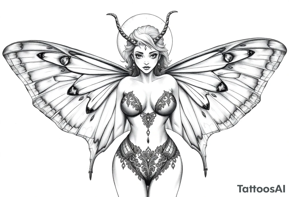 ethereal lunar moth resemblance powerfully sexy depiction of the goddess estate nude full frontal with exotic erotic lingerie orgasmic stare tattoo idea