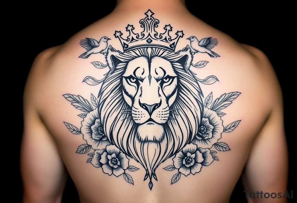 powerful majestic lion with a crown, surrounded by floral ornaments and birds tattoo idea