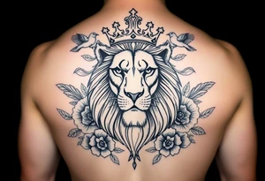 powerful majestic lion with a crown, surrounded by floral ornaments and birds tattoo idea