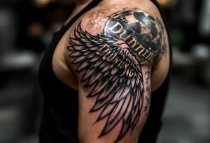 Last name Dunning on left arm,details include bold strong font, faint gold highlights, theme of wealth,angel wing tattoo idea