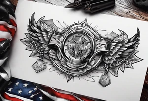 knife in back with army dog tags hanging from it tattoo idea