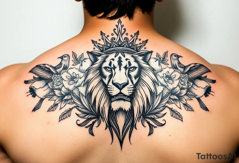 powerful majestic lion with a crown, surrounded by floral ornaments and birds tattoo idea