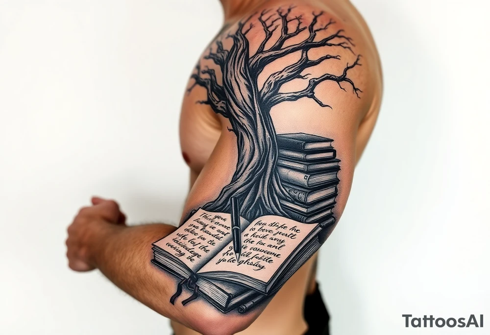 Dark 
tree of knowledge with books connected as roots stacked up and an open journal with beautiful cursive writing at the base with a fountain pen for the tattoo idea