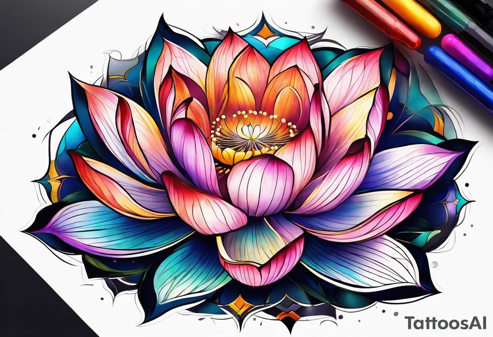 Vibrant colorful lotus flower at night time tattoo idea