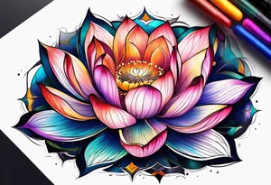 Vibrant colorful lotus flower at night time tattoo idea