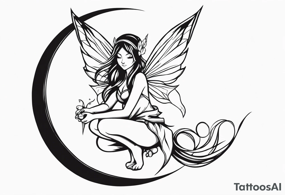 No color sketch of a fairy with a tail inspired by the guild symbol in the anime show called Fairy Tail in a fetal position leaning in and forward while crawled in tattoo idea