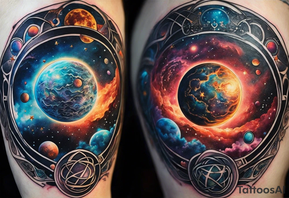 A tattoo featuring a cosmic scene with planets, black holes, and supernovae intertwined with intricate linguistic symbols, reflecting the client's interests in cosmology and linguistics. tattoo idea