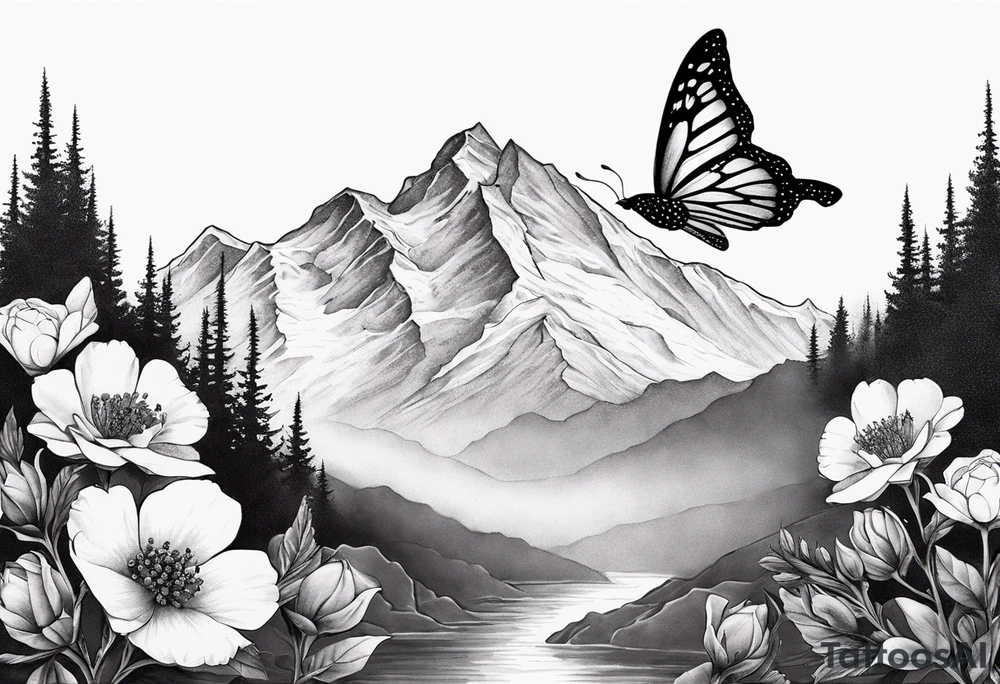 Rocky mountain peak with mountain blue birds and monarch butterflies with wild prairie roses for a half sleeve tattoo idea