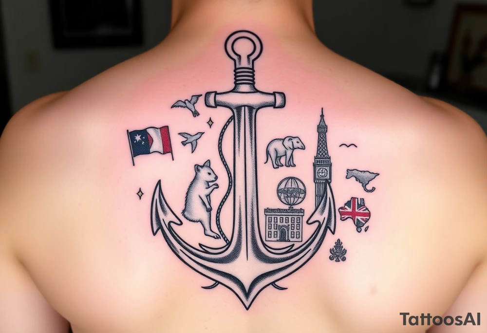 Tattoo for Female that has anchor, travel, items from each country traveled to:
Australia - kangaroo/koala 
New Zealand
United Kingdom- Big Ben 
Ireland - cliffs of mohr 
France- Eiffel tower 
Kenya - tree
Brazil - amazon
Aruba - beach 
Curacao - beach 
Jamaica - beach 
Mexico
Puerto Rico
St. Thomas
Bahamas
St. Martin
Italy - wine 
Canada - banff 
Spain - basilica 
Portugal - naticionel de Peña 
Azore islands - flowers 
Thailand- elephant 
Iceland tattoo idea