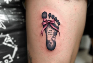 A tiny footprint in soft gray with a pink ribbon tied around it, personalized with a birthdate Lena 26. 03. 2019. tattoo idea