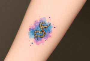 A night sky with Sagittarius made of glowing golden dots, surrounded by a soft watercolor galaxy in deep blues and purples tattoo idea