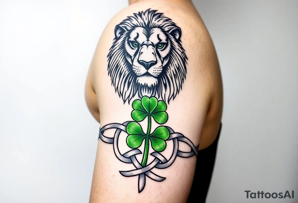 Show on a man's arm. Create a men's half-sleeve tattoo featuring a mighty, majestic face-forward lion at the top of the shoulder. Extend the bottom of the lion's mane to create open and shaded Celtic knots that travel down the arm, incorporating a ribbon twist. At the twist, make a Celtic shamrock with green peridot jewel petals and an organic stem. Continue the knots to intersect with a Celtic warrior armband that wraps the arm just above the elbow. tattoo idea