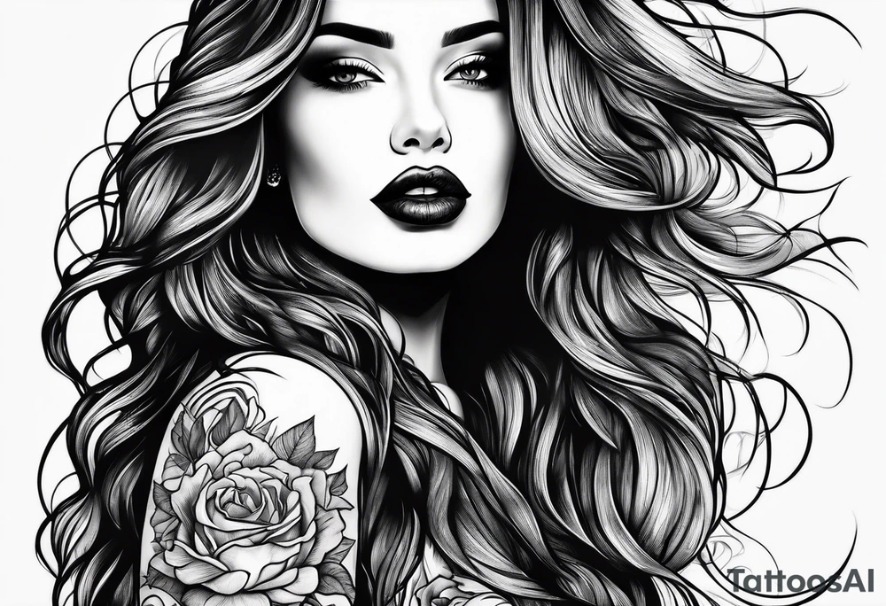 Woman shooshing hand long hair dark lips sky clouds tattoo idea