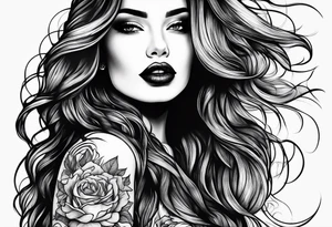 Woman shooshing hand long hair dark lips sky clouds tattoo idea