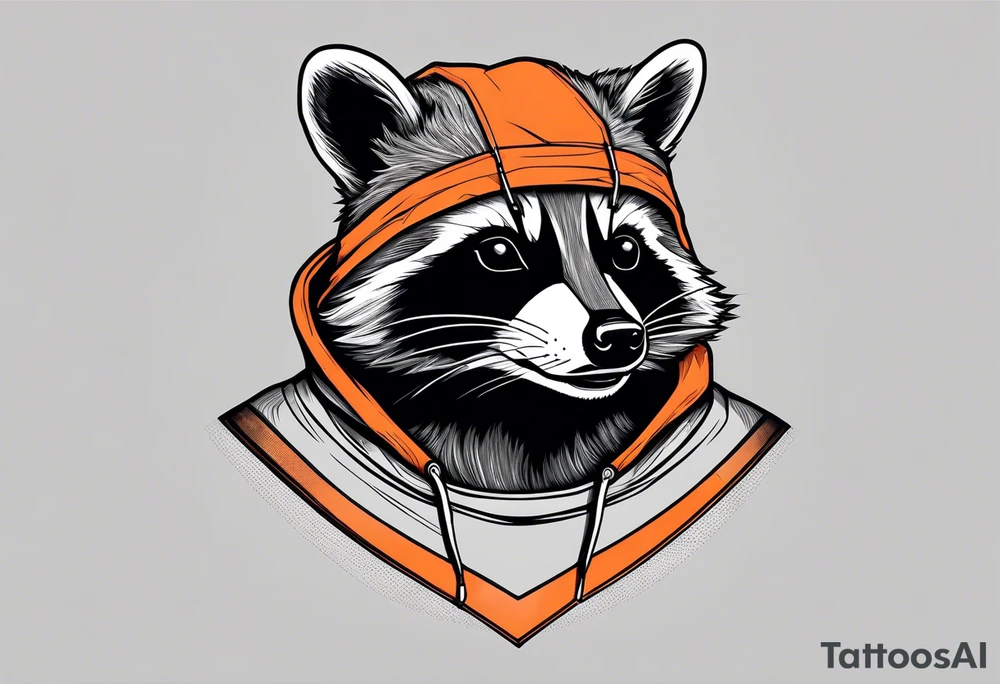 Raccoon wearing an orange Superman hoodie tattoo idea