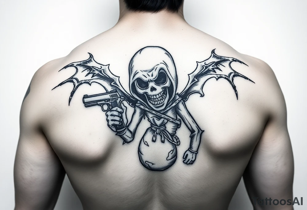 Scary Evil voodoo doll with a gun and money bag tattoo idea