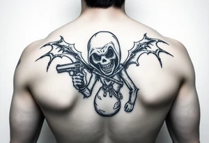 Scary Evil voodoo doll with a gun and money bag tattoo idea