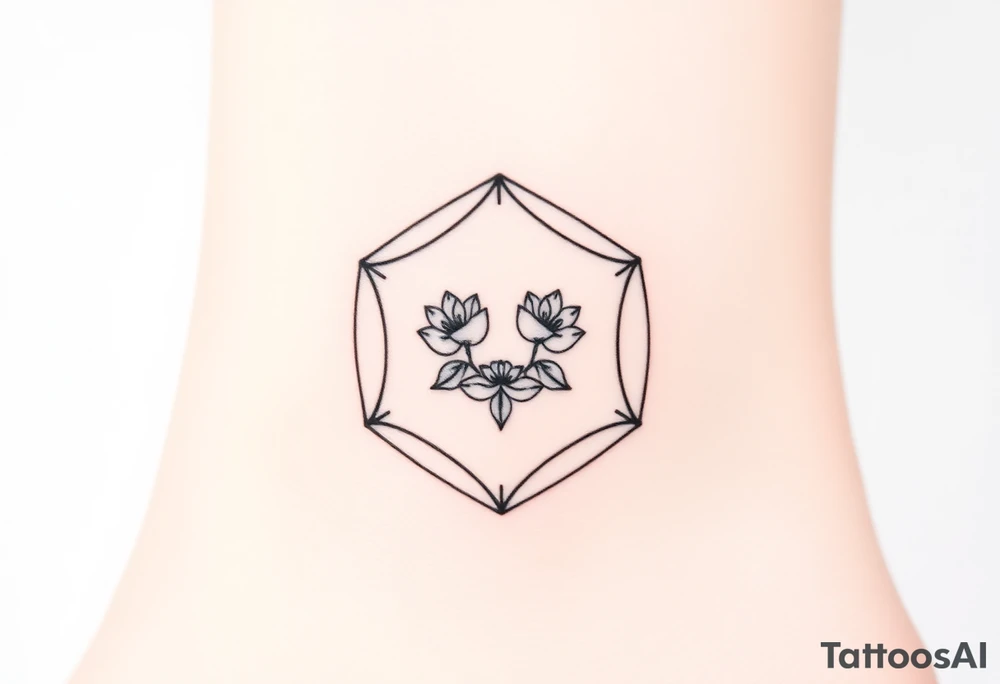 Hexagon with a constellation sign for Leo,  larkspur and water lilies in the center tattoo idea