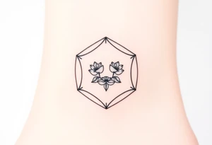 Hexagon with a constellation sign for Leo,  larkspur and water lilies in the center tattoo idea