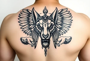 Egyptian Anubis god face muscle in Egypt style dog face surrounded Egyptian symbols and lions tattoo idea