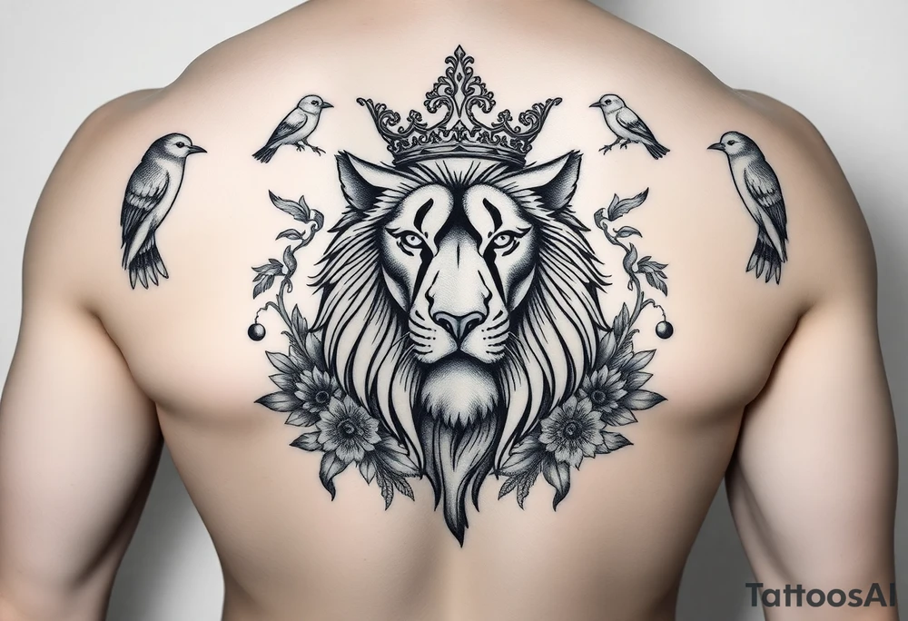 powerful majestic lion with a crown, surrounded by floral ornaments and birds tattoo idea