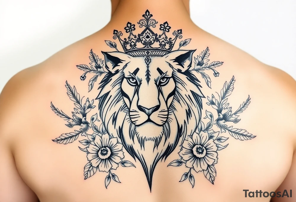 powerful majestic lion with a crown, surrounded by floral ornaments and birds tattoo idea