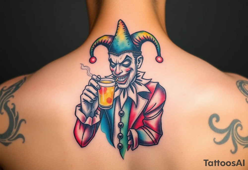 jester smoking and drinking tattoo idea
