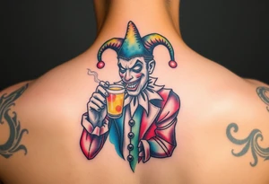 jester smoking and drinking tattoo idea