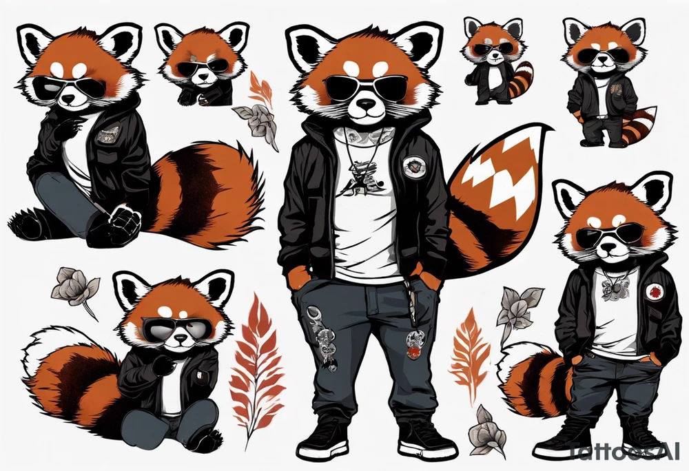 Tall Rebel red panda full body wearing aviator sunglasses and stretched up tall tattoo idea