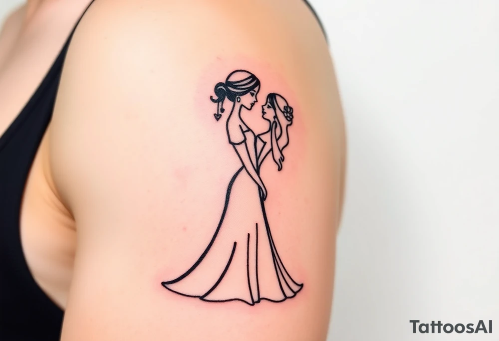 A black and white silhouette of a bride and groom in a romantic embrace, with soft golden highlights for warmth and elegance tattoo idea